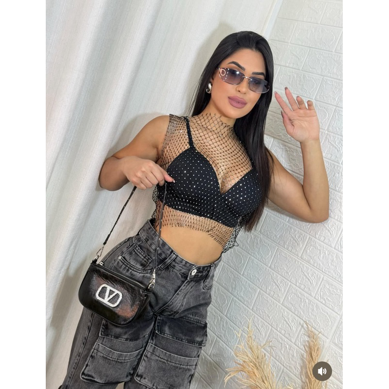 Blusa Cropped Arrastão Manta Strass Brilhosa Brilhos Pedraria Aplicação Festa Noite Gringa Festival Show Evento