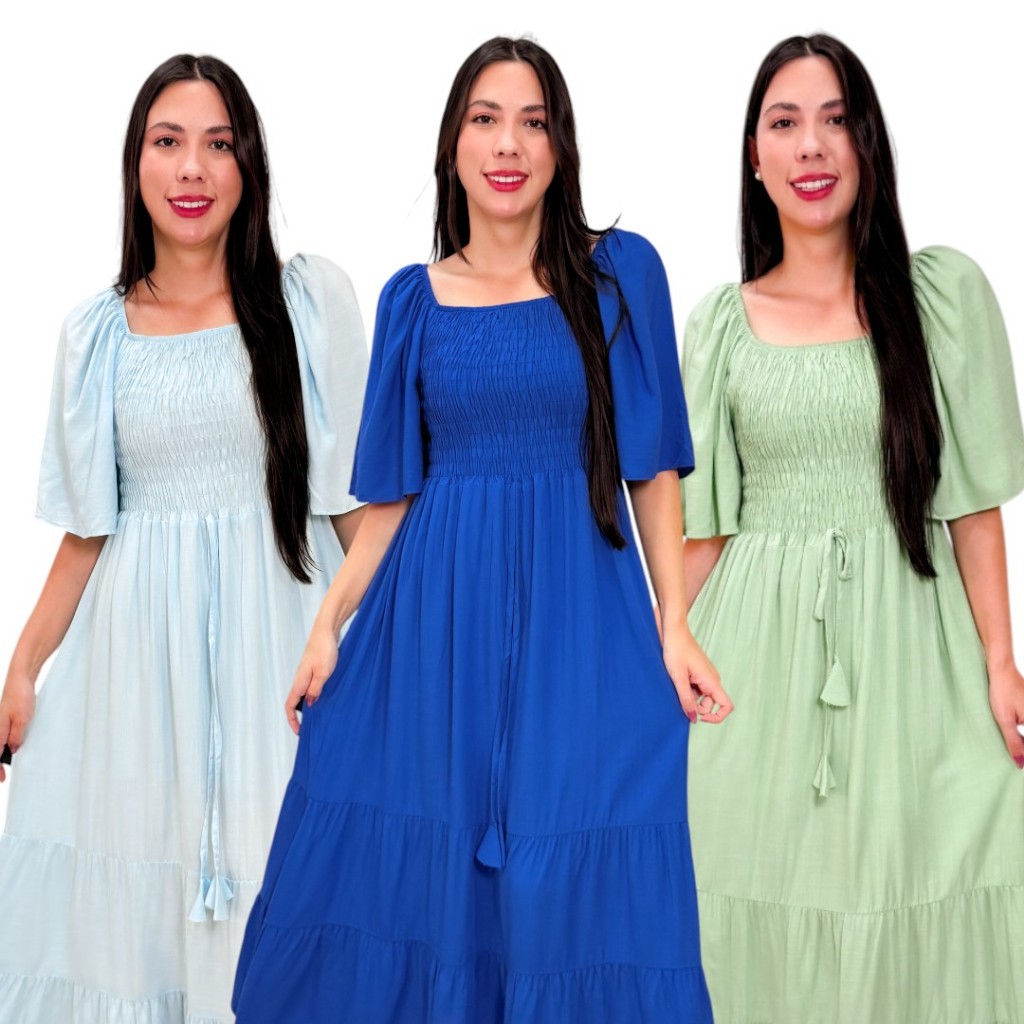 VESTIDO KARINA LONGUETE DE LASTEX NA PARTE SUPERIOR, COM BABADO TRÊS MARIAS E MANGA EVASE. em Oferta na Shopee