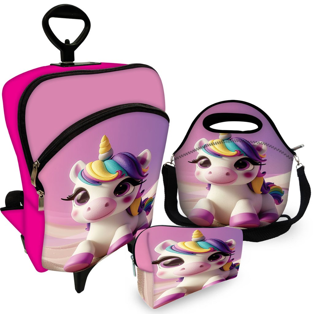 Super Kit Escolar Mochila com Carrinho Rodinha + Lancheira Escolar + Estojo Plus - Unicórnio Cute MEGA OFERTA