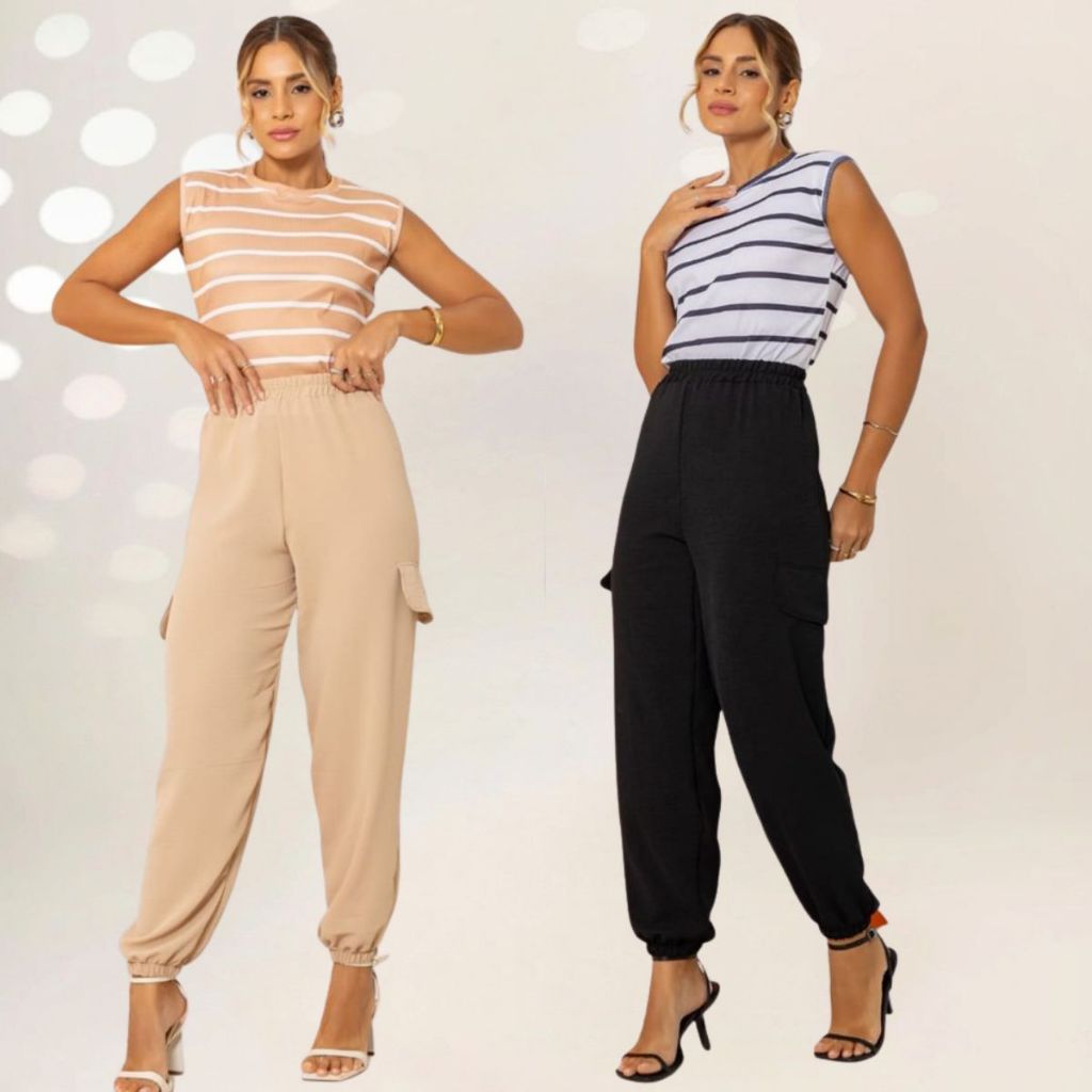 Conjunto Roupa Blusa Calça Jogger  Festa Feminino Adulto Luxo Moda Chique Diva Elegante Preto Nude