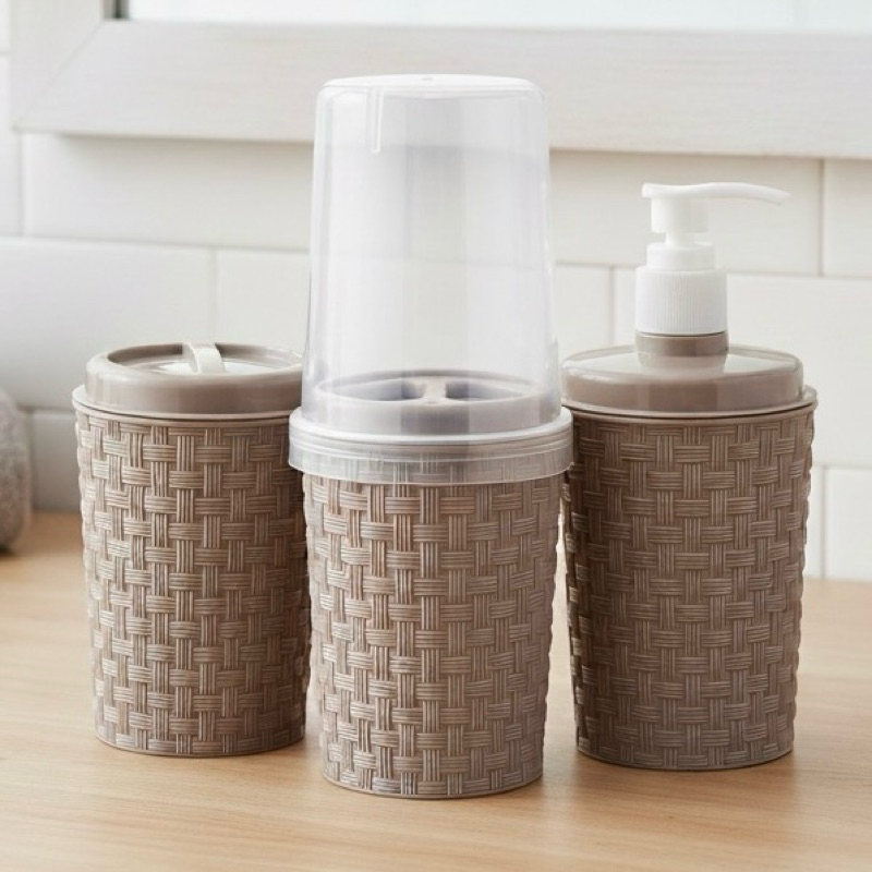 Jogo De Banheiro Rattan 3 Peças Kit Lavabo Porta Escova Sabonete Algodão Cotonete