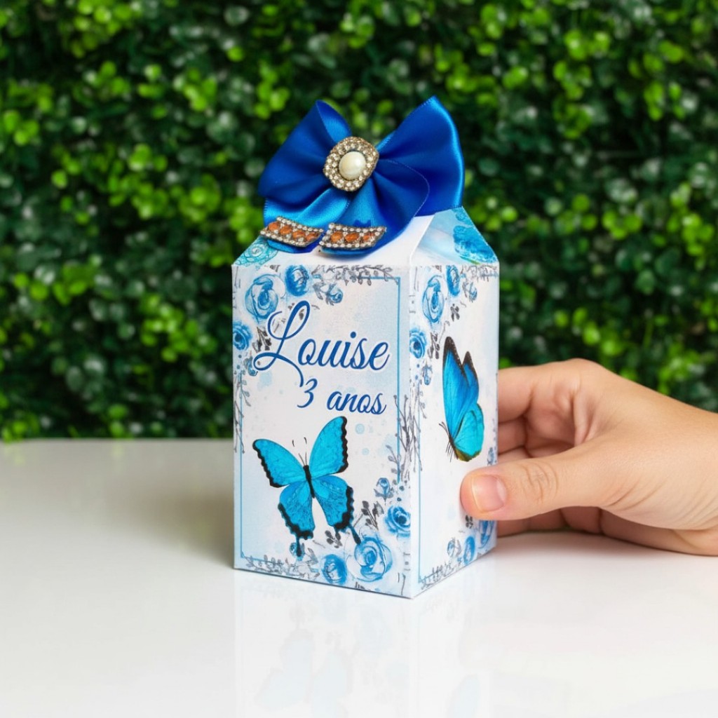 Kit Caixinhas Milk Personalizada - Lembrancinha de Festa Jardim das Borboletas Azul