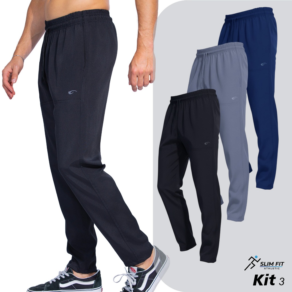 Kit 3 Calcas Tactel Masculina Elastano Slim Secagem Rapida Academia Treino Casual Reforcada Leve Syozbee