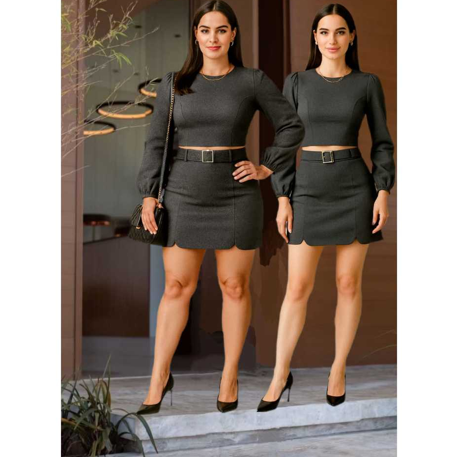 Conjunto Lurex Saia Curta Cintura Alta com Cinto e Blusa Cropped Manga Longa - Tamanho M
