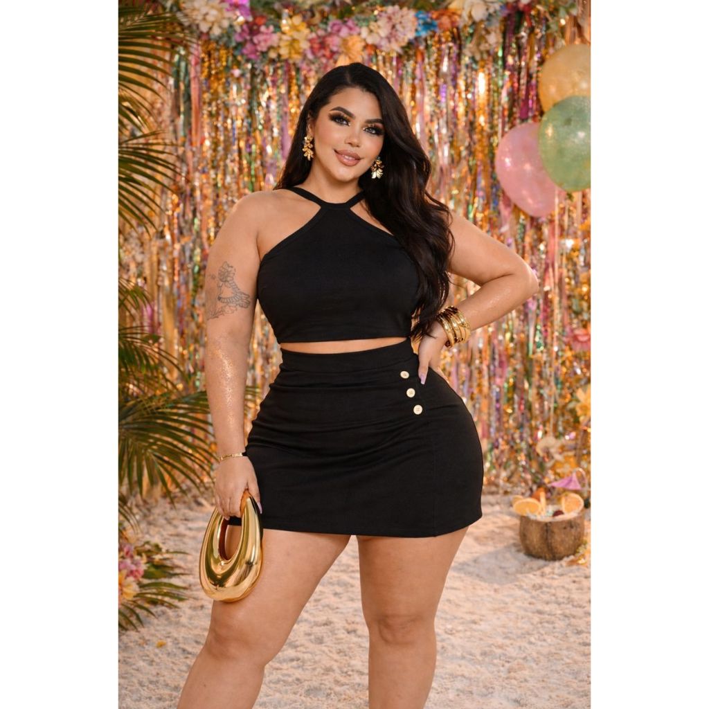 Conjunto feminino Plus Size Short Saia com Botões – Elegante para Festa G GG G1 G2,  Final de ano e Natal, Reveillon em Oferta na Shopee
