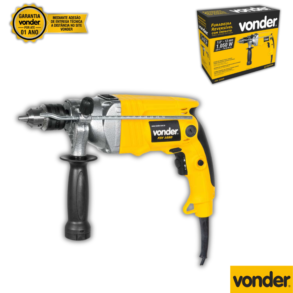 Furadeira Martelete Elétrica Vonder 1050W com Impacto Punho Auxiliar e Limitador Profissional