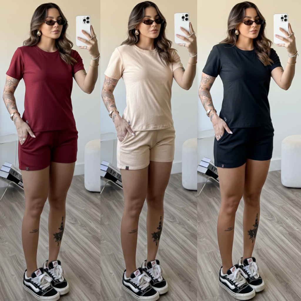 kit 3 conjunto feminino short feminino de moletom camiseta básica feminina blusa mais short de bolso blusa gola o