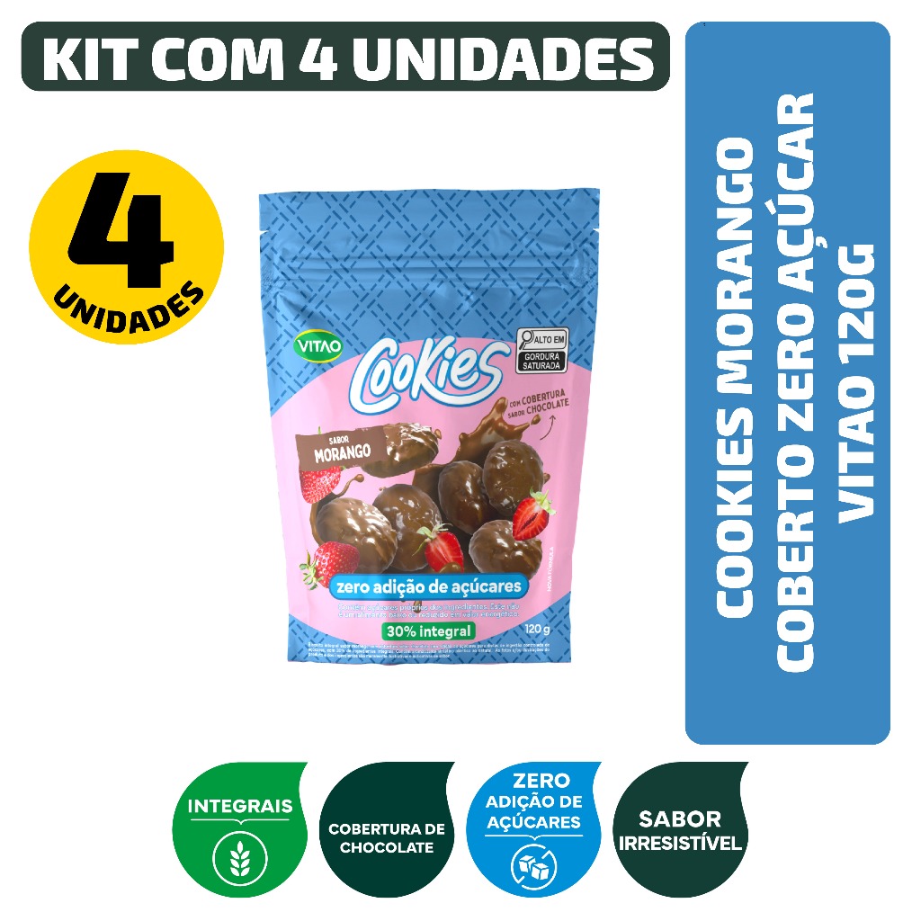Kit Cookies Morango Coberto Zero Açúcar Vitao 120G - 4 Unidades em Oferta na Shopee