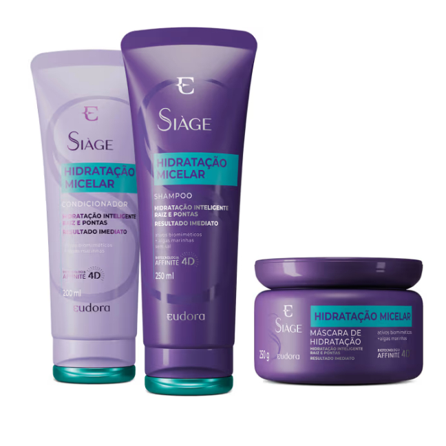 Combo Eudora Siàge Hidratação Micelar: Shampoo 250ml + Condicionador 200ml + Máscara Capilar 250g em Oferta na Shopee