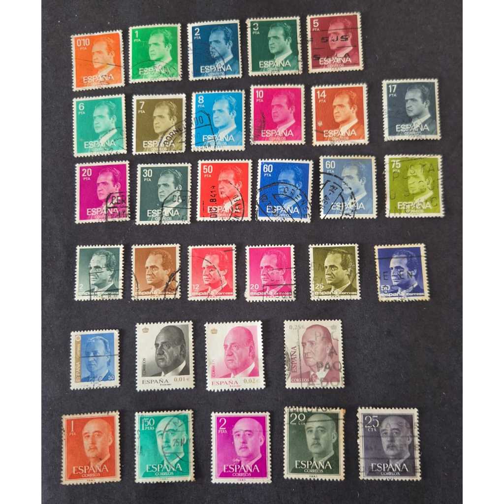Série com selos postais do Rei Juan Carlos da Espanha e de Franco - Selos usados dos Correios.