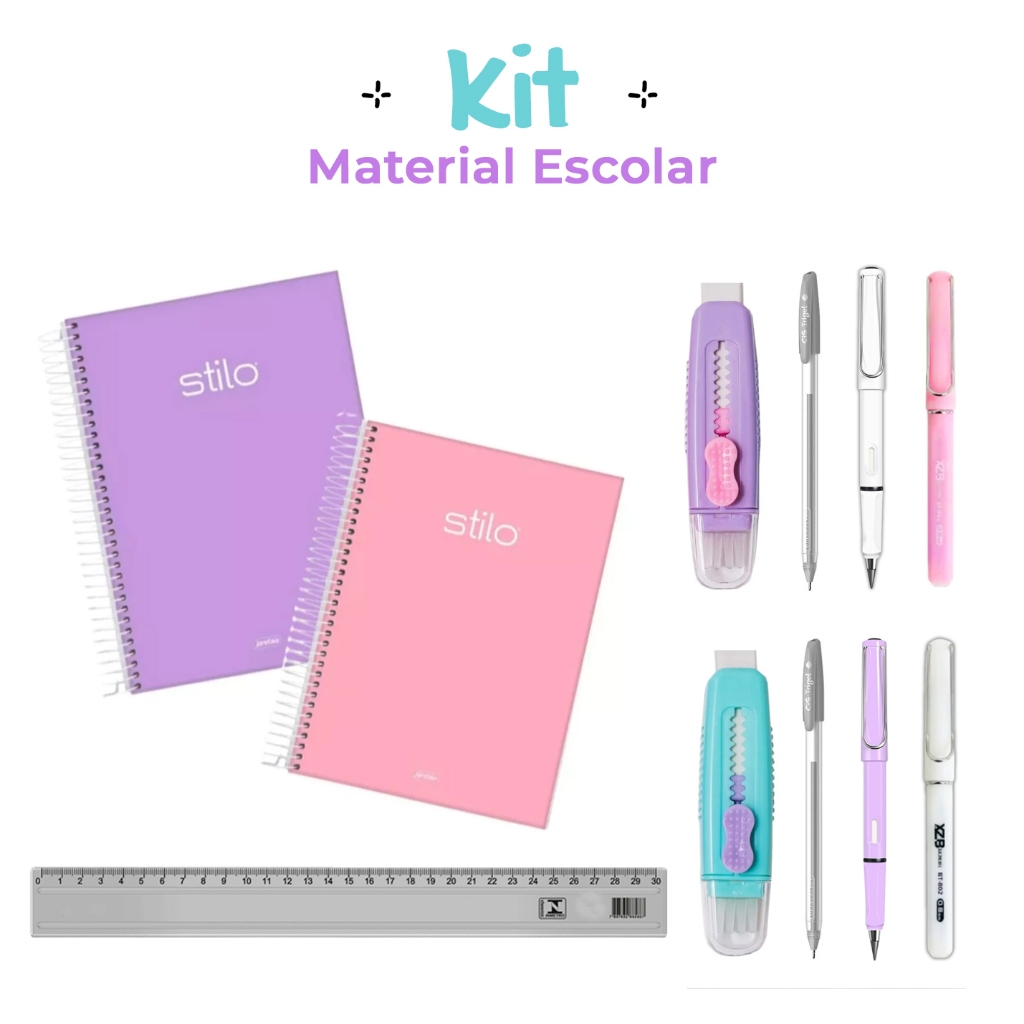Kit Material Escolar completo com Caderno capa dura Papelaria Rosa Roxo Azul Colorido