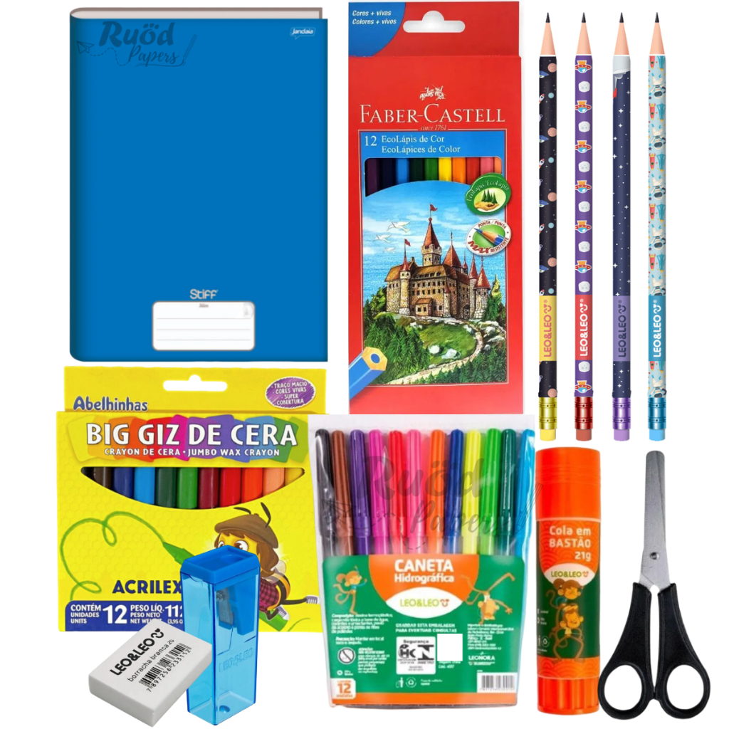 Kit Material Escolar Infantil Juvenil Caderno Giz de Cera Canetinhas Lapis de Cor Cola Tesoura  Borracha Apontador