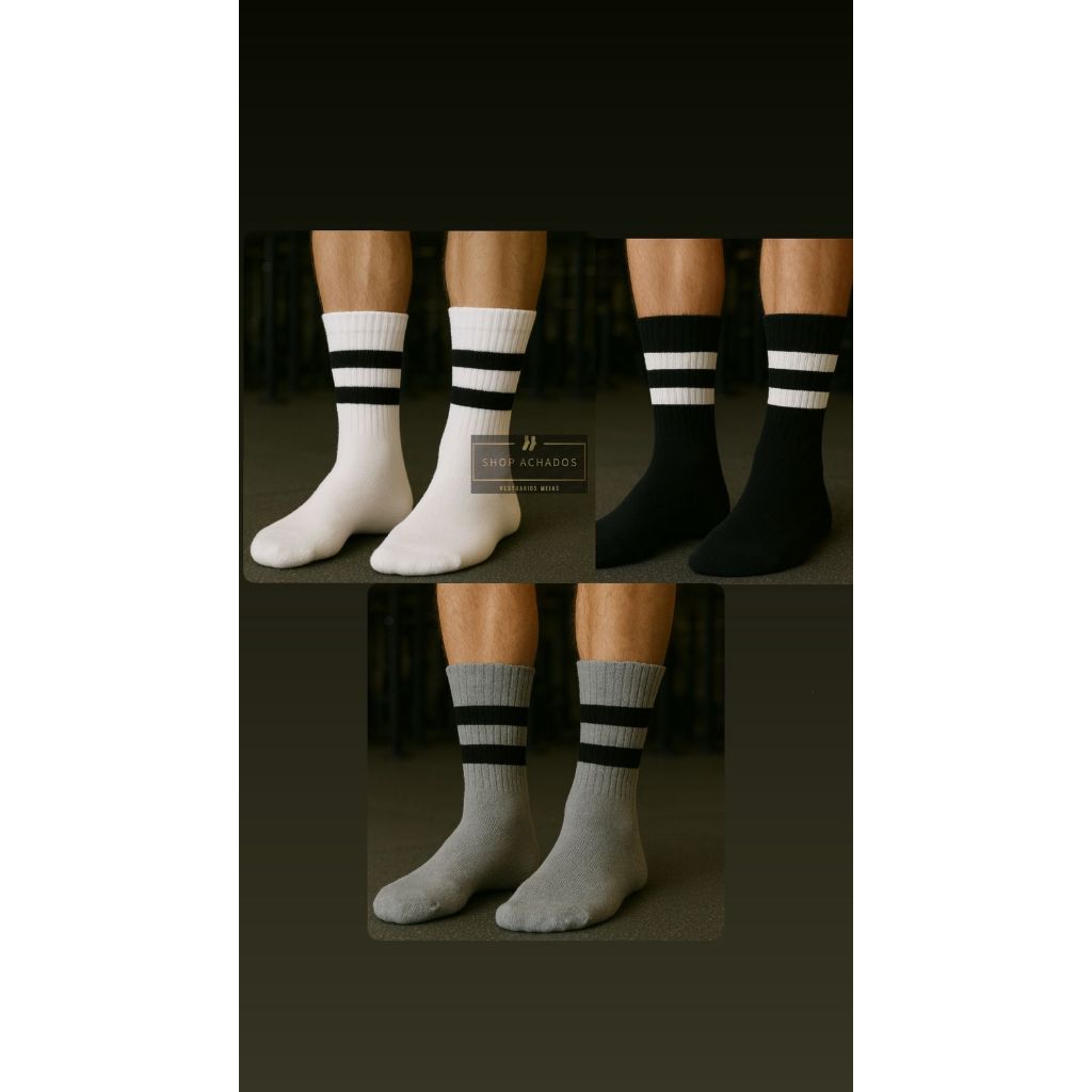 Kit 3 a 12 Pares Meias para academia Cano Alto Confortável com Listras unissex em Oferta na Shopee