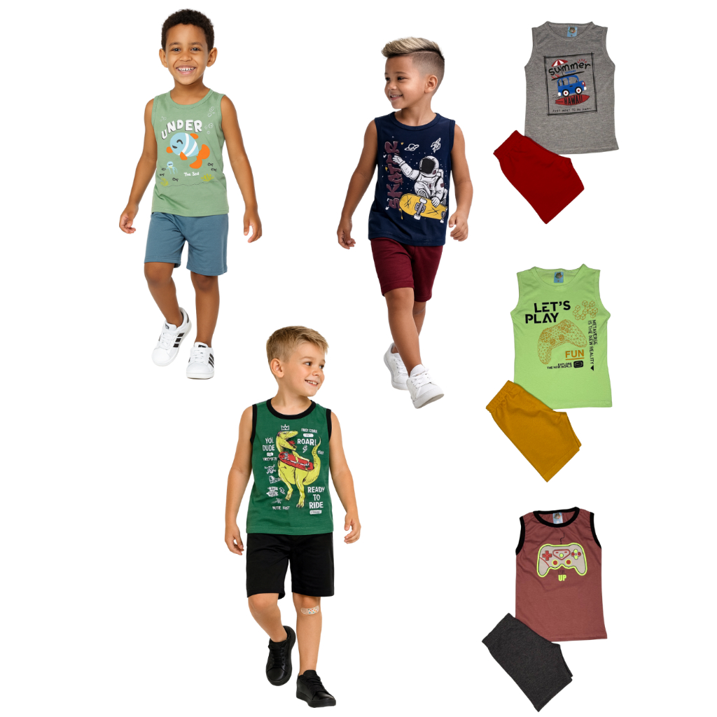 Kit 3 Conjuntos Regata Menino Verão 3 Regatas 3 Bermudas Sortido TAM 1 ao 8 Estilo e Conforto