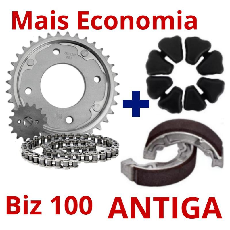 Kit Transmissão Relação Tração + Coxim + Patins (Lona) De Freio Honda Biz 100 ANTIGA (1998 à 2005 ) em Oferta na Shopee