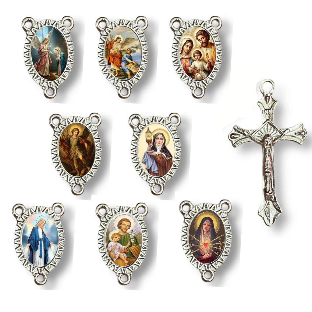 10 Crucifixos + 10 Entremeios Resinados Niquel Verso Sagrado Coração de Jesus Kit para terços