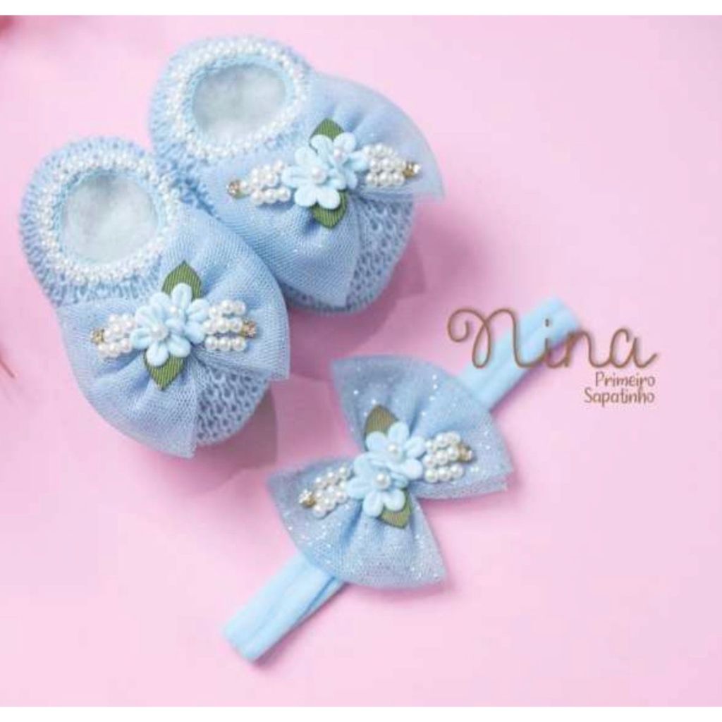 Sapatinho de tricô de menina com faixa de cabelo azul - Recém nascido - Feminino - Luxo