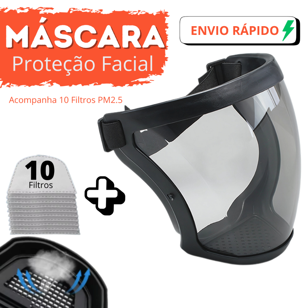 Máscara de Proteção Facial Transparente à Prova de Poeira com 10 Filtros PM 2,5