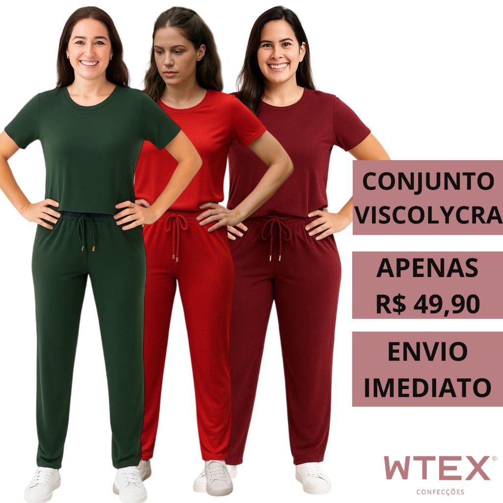 Conjunto Feminino VISCOLYCRA Malha Comfy Blusa Camiseta Manga Curta e Calça Pantalona Cintura Alta em Oferta na Shopee