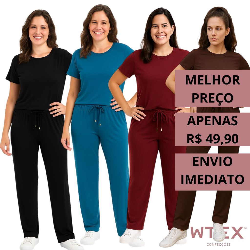 Conjunto Feminino VISCOLYCRA Malha Comfy Blusa Camiseta Manga Curta e Calça Pantalona Cintura Alta em Oferta na Shopee