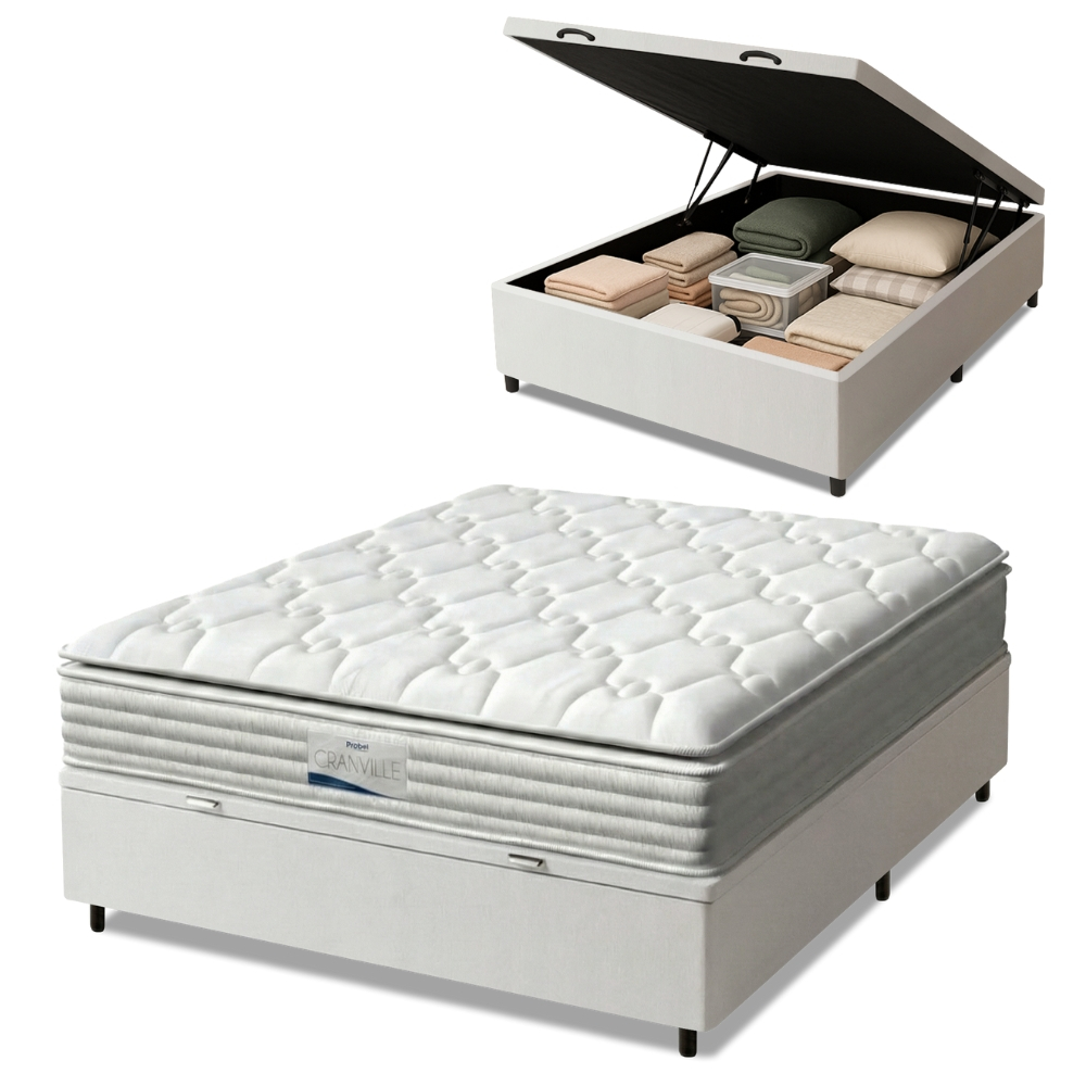 Cama Box Baú Casal Colchão Molas Ensacadas Granville Com Pillow Probel 138x188x69cm Branco