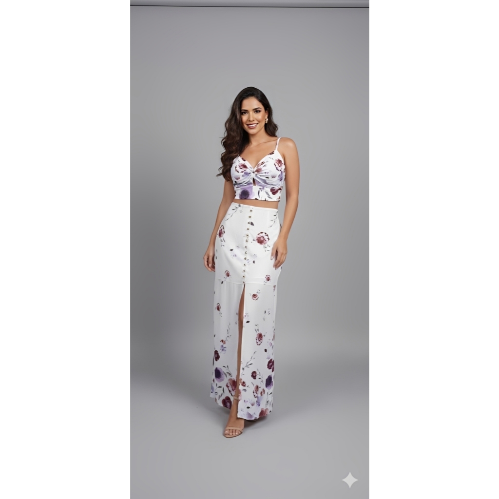 Conjunto Feminino Saia Longa Com Fenda e Cropped de Amarrar Estampado Floral Tendência Verão
