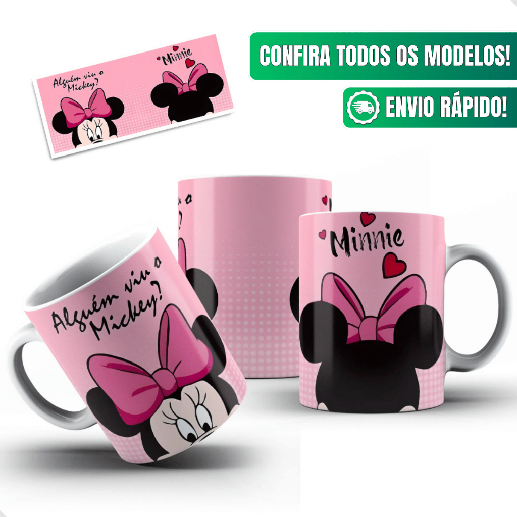 Caneca Minnie Mouse Ceramica Personalizada 325ml Rosa Frase Alguem Viu O Mickey Disney Coracoes