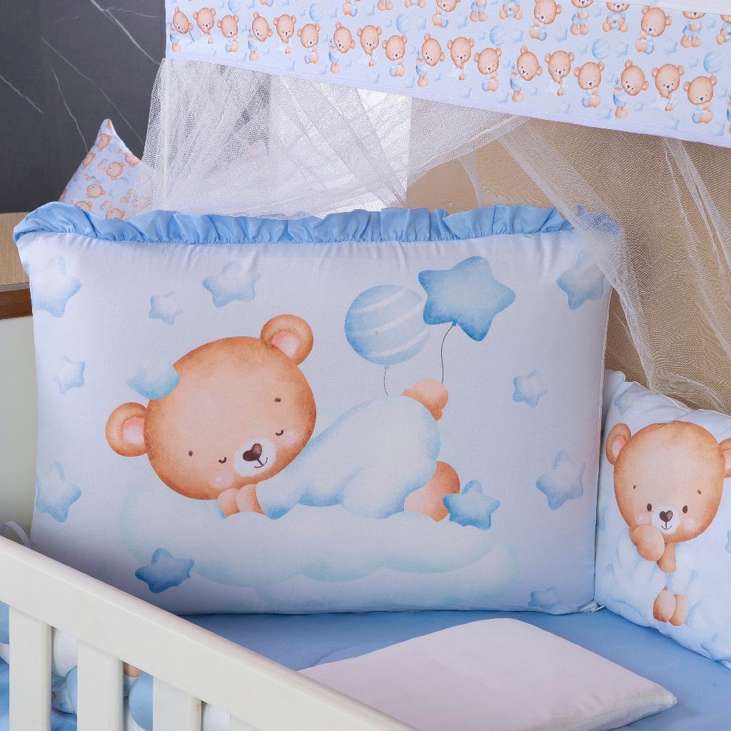 Kit Berço Americano Mini Berço Almofadinhas 13 peças Bebê Menino Ursinho Azul