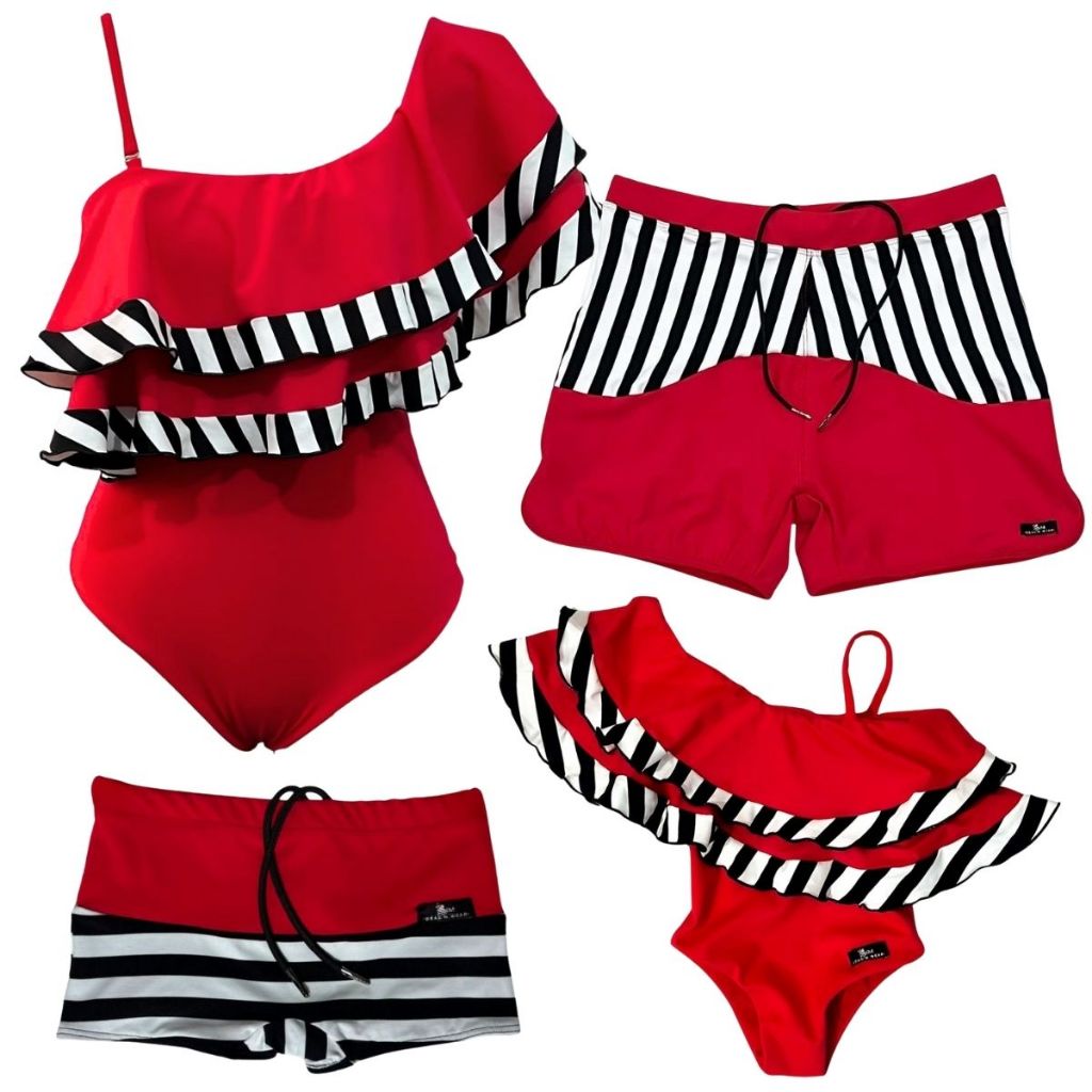 Monte Seu Kit Moda Praia Familia Mae, Pai, Filha e Filho Maio Sunga Biquini nautico vermelho listras pretasProteção UV
