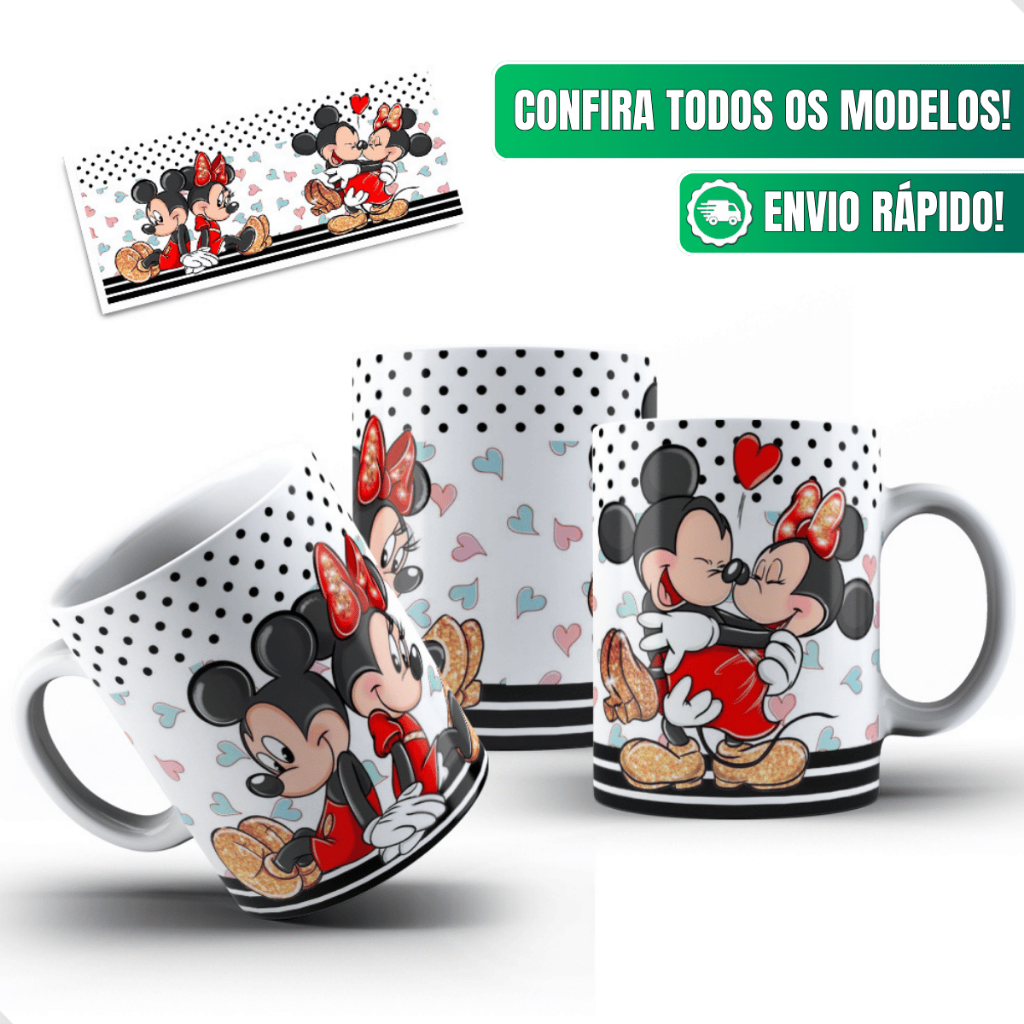 Caneca Minnie Mouse Ceramica Personalizada 325ml Mickey E Minnie Casal Apaixonado Coracoes Disney