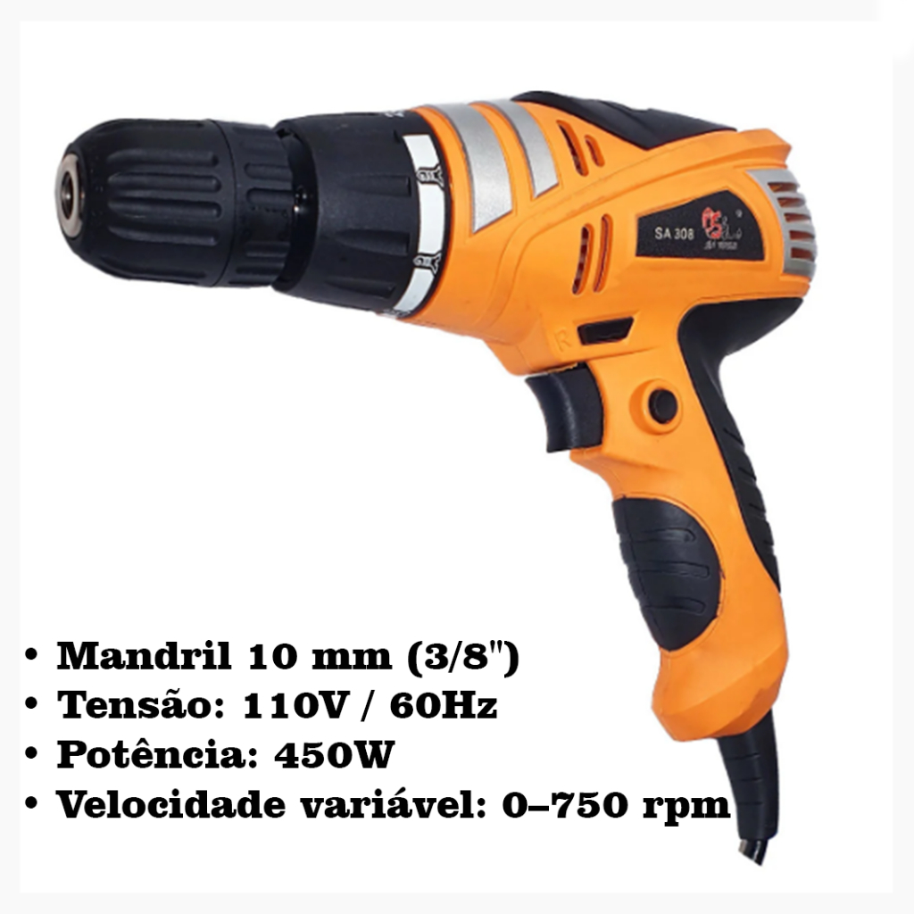 Furadeira e Parafusadeira Elétrica 450W 3/8 - Mandril 10 mm Nakami em Oferta na Shopee