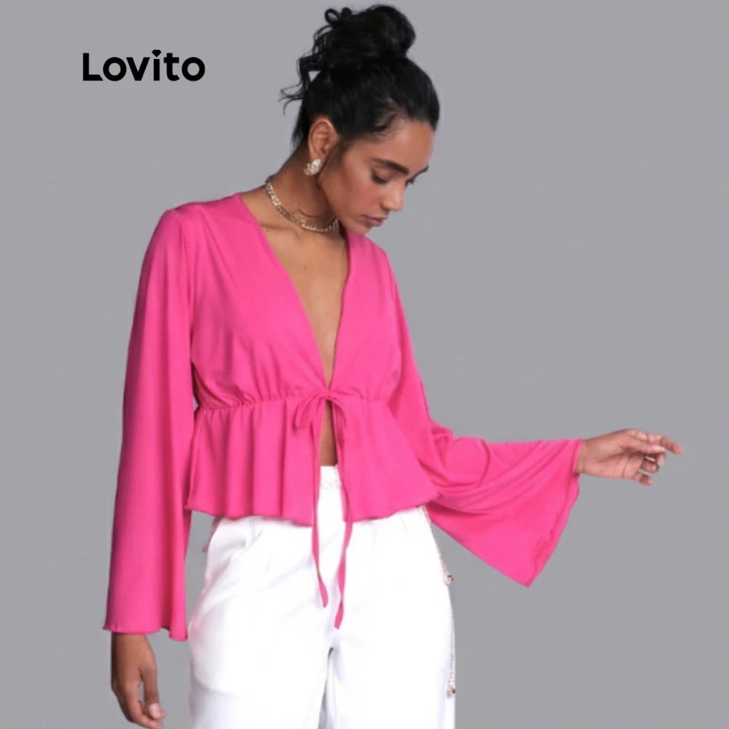 Lovito Blusa Feminina Manga Longa Sino com Babado na Barra TKB462BRL491 em Oferta na Shopee
