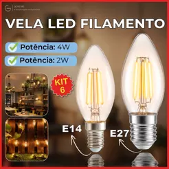 Kit 6 Lâmpada Filamento Vela Led E27 e E14 Luz Quente C35 4W Amba Retro Vintage 2200K 110V-220V Bivolt