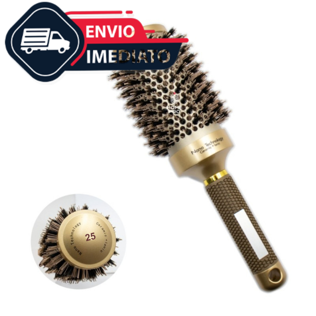 Escova Termica Vazada Profissinal Ionica Ceramica 25mm Antifrizz Cerdas Javali e Nylon