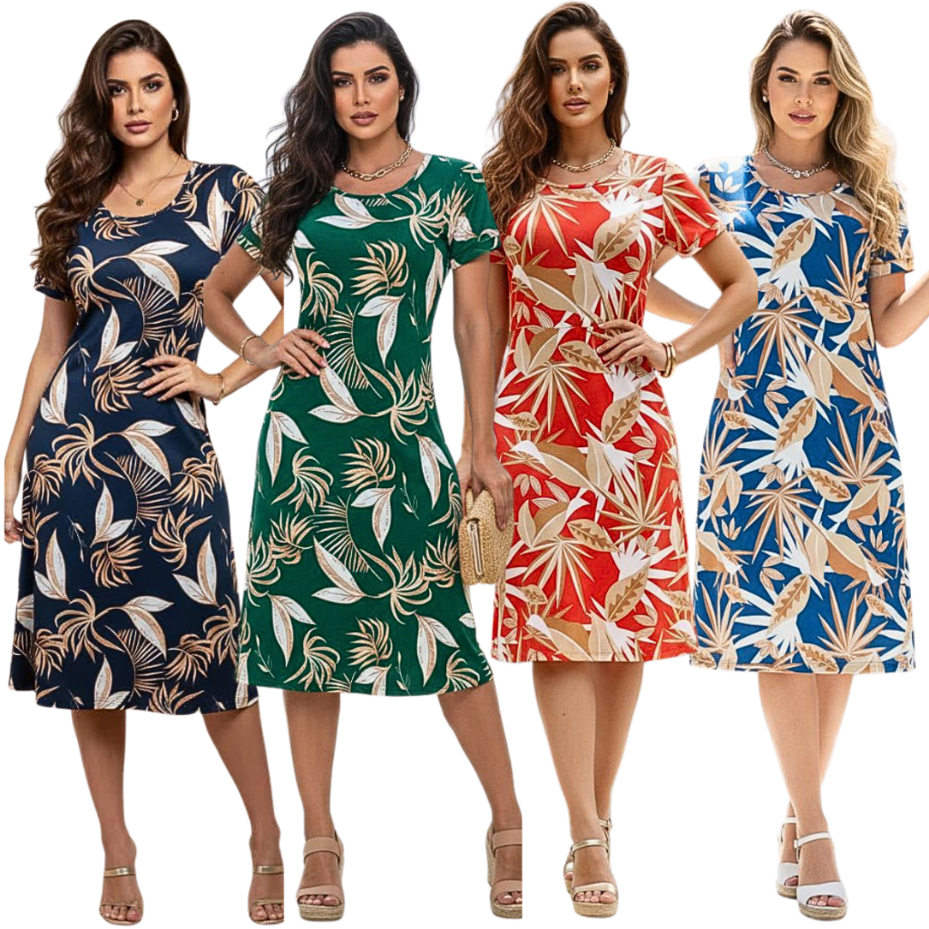 Vestido Feminino Casual Midi Soltinho Malha Fria Estampa Tropical Listrado Senhoras Manga Curta Dia a Dia em Oferta na Shopee
