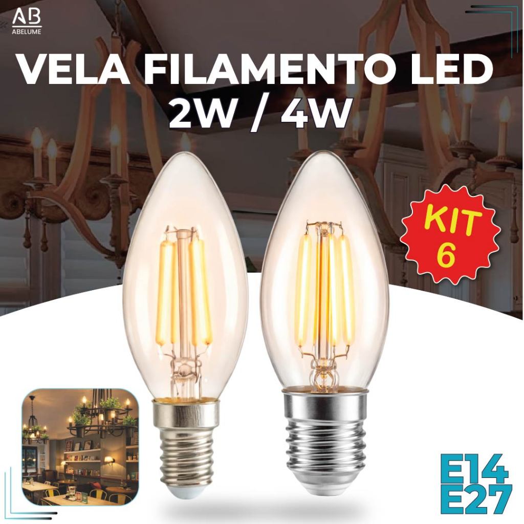Kit 6 Lâmpada Filamento Vela Led E27 e E14 Luz Quente C35 4W Amba Retro Vintage 2200K 110V-220V Bivolt em Oferta na Shopee