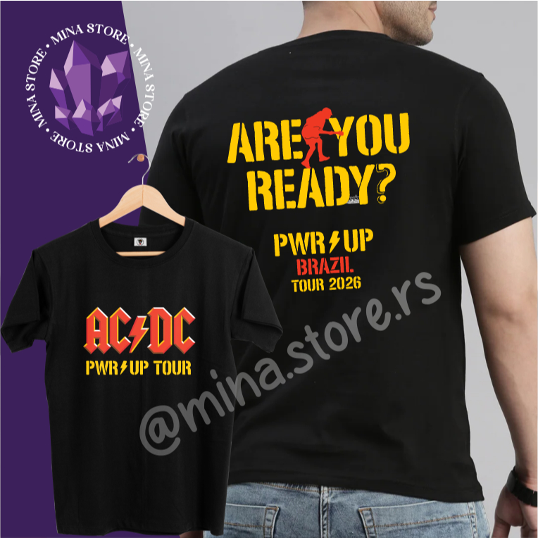 Camiseta 100% Algodão Preta Banda Rock ACDC Power UP Tour em Oferta na Shopee