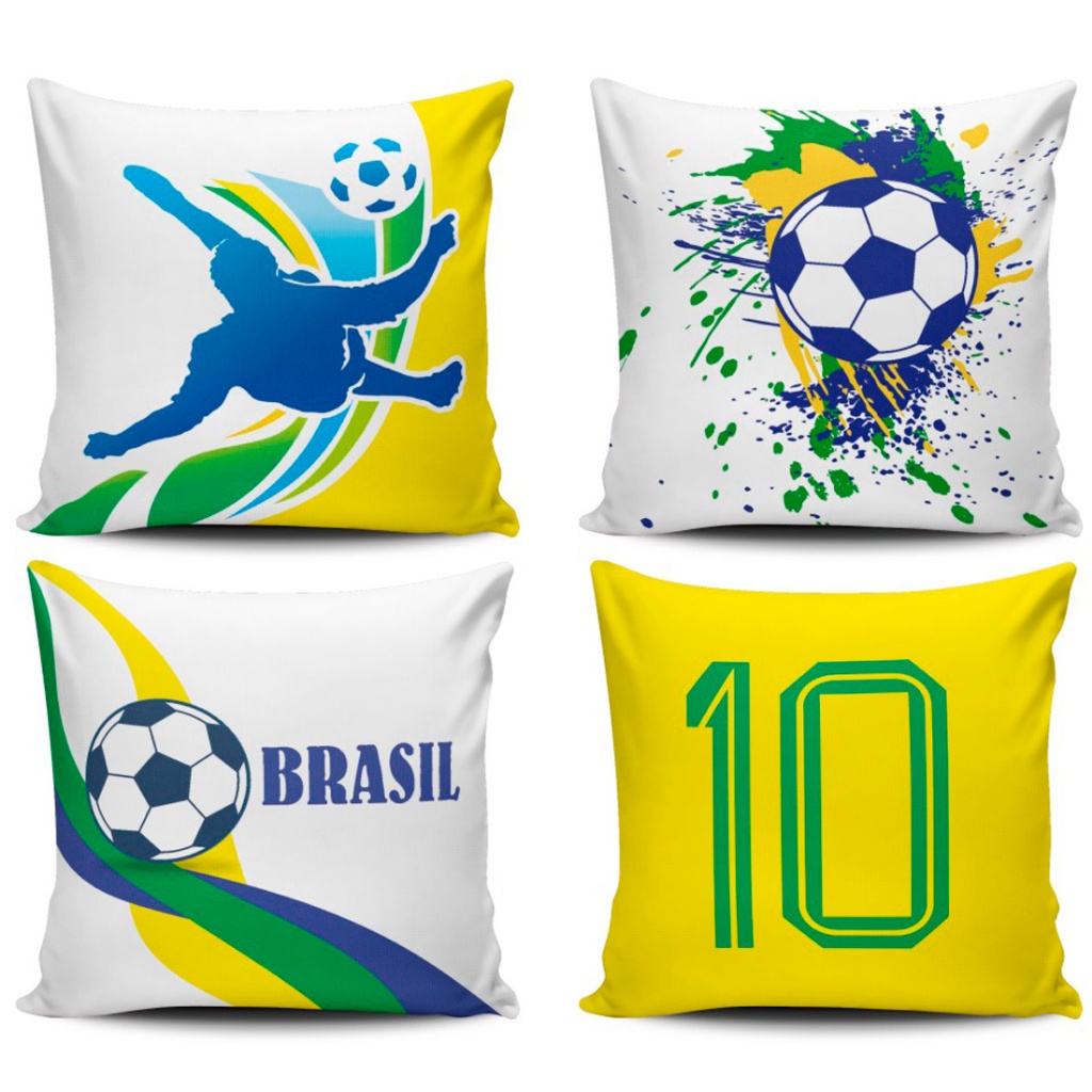 Kit com 4 Capas de Almofadas Estampadas Copa do Mundo Brasil Camisa Dez 45cm x 45cm - Jogo Futebol