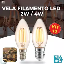 Kit 10 Lâmpada Filamento Vela Led E27 e E14 Luz Quente C35 4W Amba Retro Vintage 2200K 110V-220V