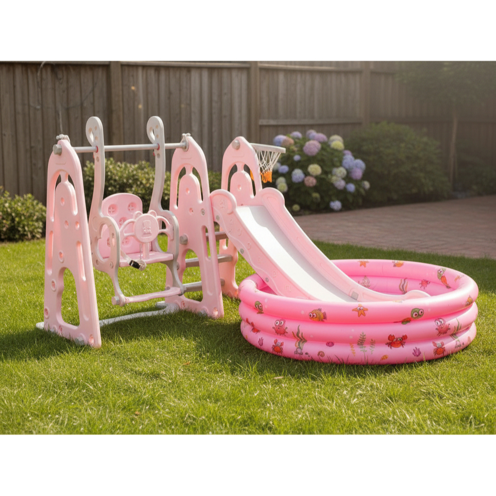 Playground Infantil Balança Cesto Piscina E Escorrega Rosa