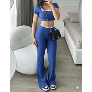 Conjunto Feminino Cropped Manguinha Sem Bojo + Calça Flare Estilo e Conforto Malha Canelada em Oferta na Shopee