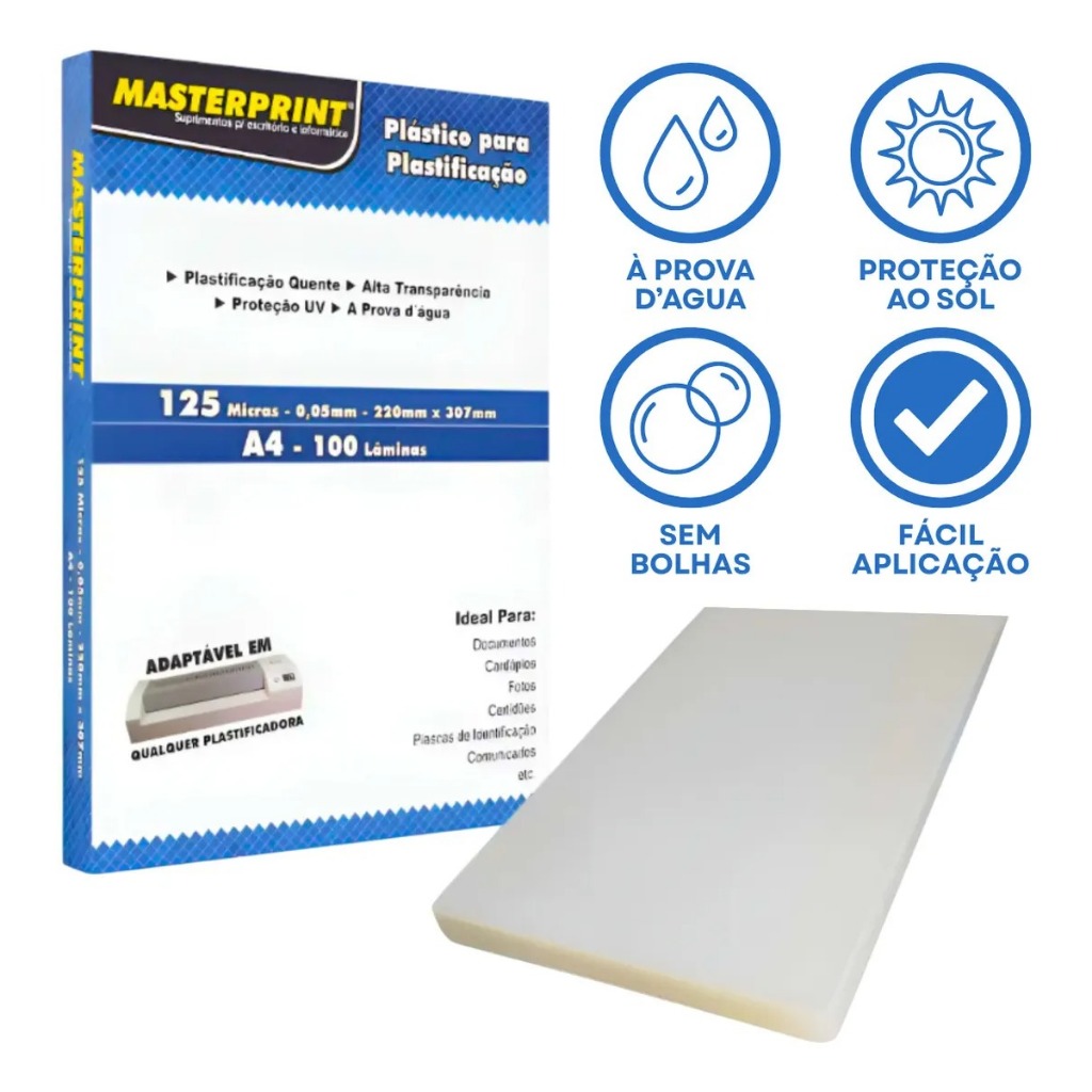 Plástico A4 220x307 0.05 Plastico Para Plastificacão 100 Folhas Com Brilho 125 Micras Masterprint