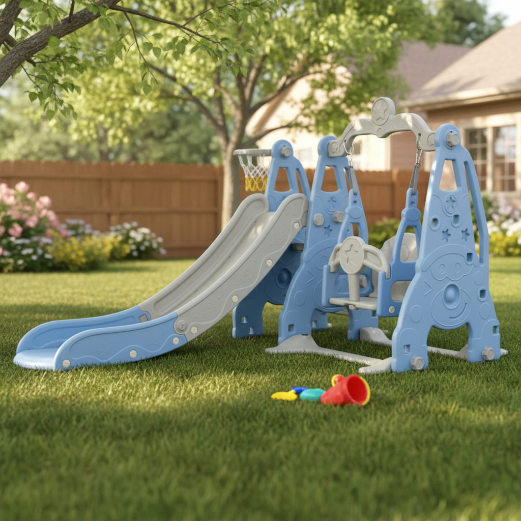 Playground 3 Em 1 Escorregador Balanço Cesta Azul E Cinza Importway