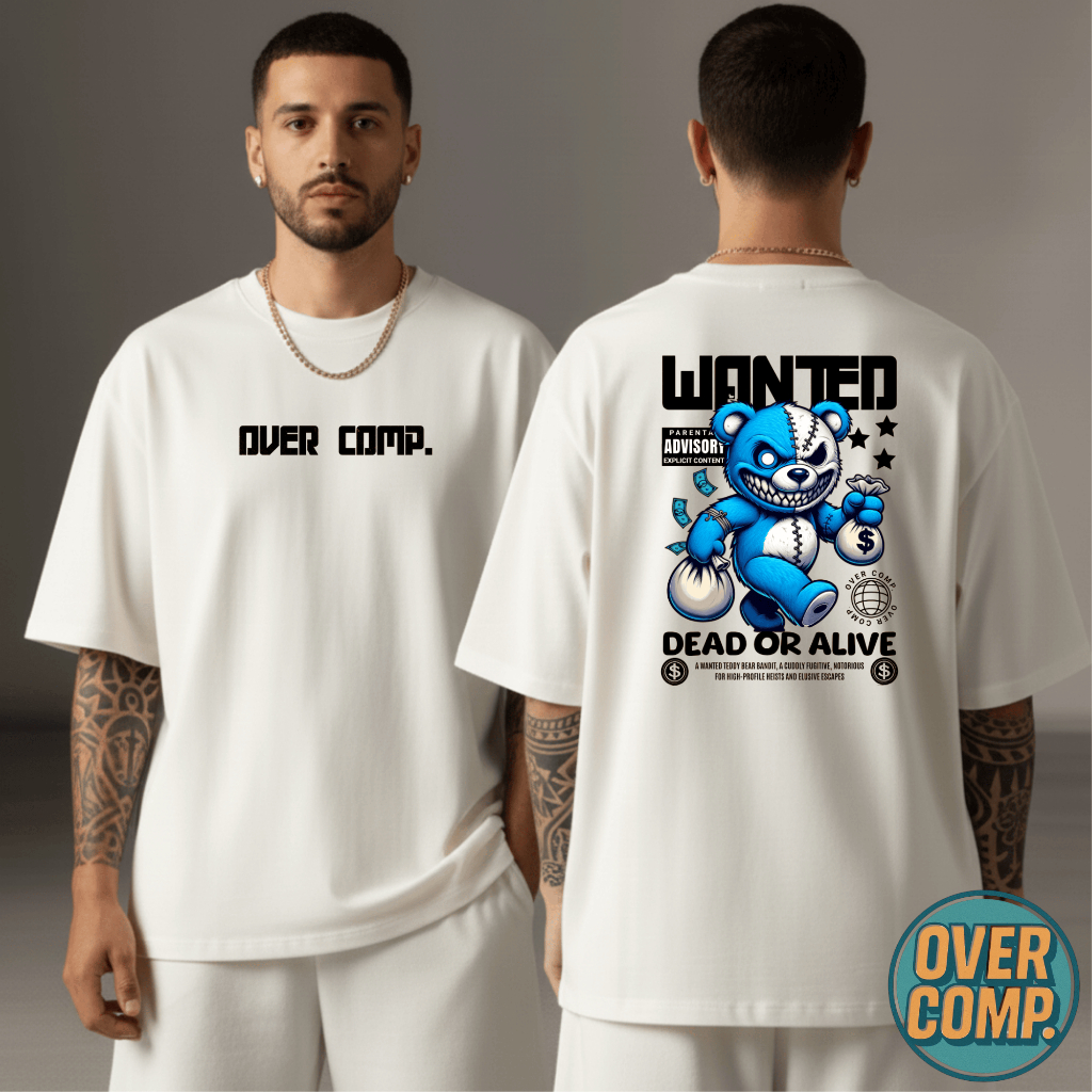 Camiseta Oversized Preta Estampada Teddy Bandit Streetwear Casual Masculina Gola Redonda Reforçada