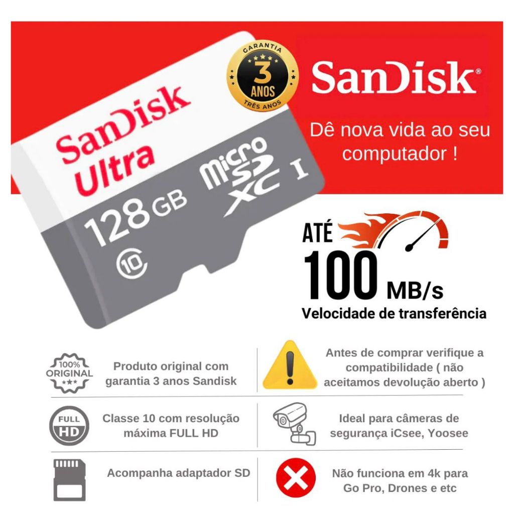 Cartão de Memória - MicroSD 64GB e 128GB Classe 10 Ultra: Câmeras de Segurança