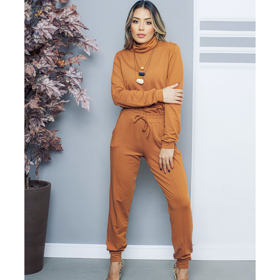 Conjunto Feminino Confortável – Moletinho Casual, Gola e Cintura Alta, Moda Outono/Inverno