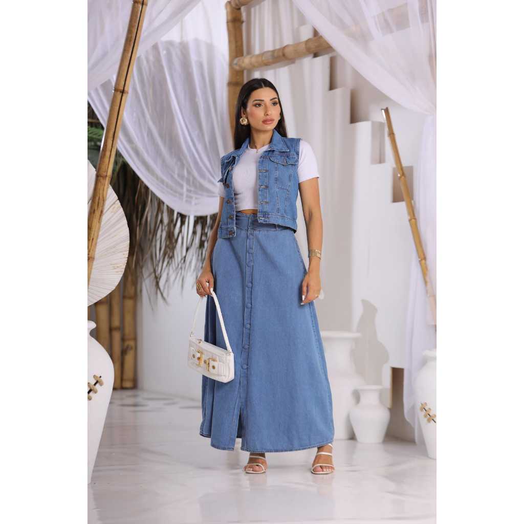 Saia Jeans Feminina Longa Com Elastico e Cintura Alta Tendencia Elegante Estilosa