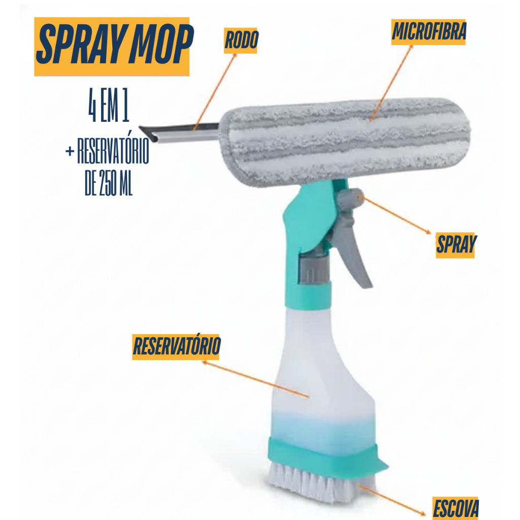Spray Mop Limpa Vidros 4 em 1 Limpeza Prática - Spray Rodo Pano e Escova