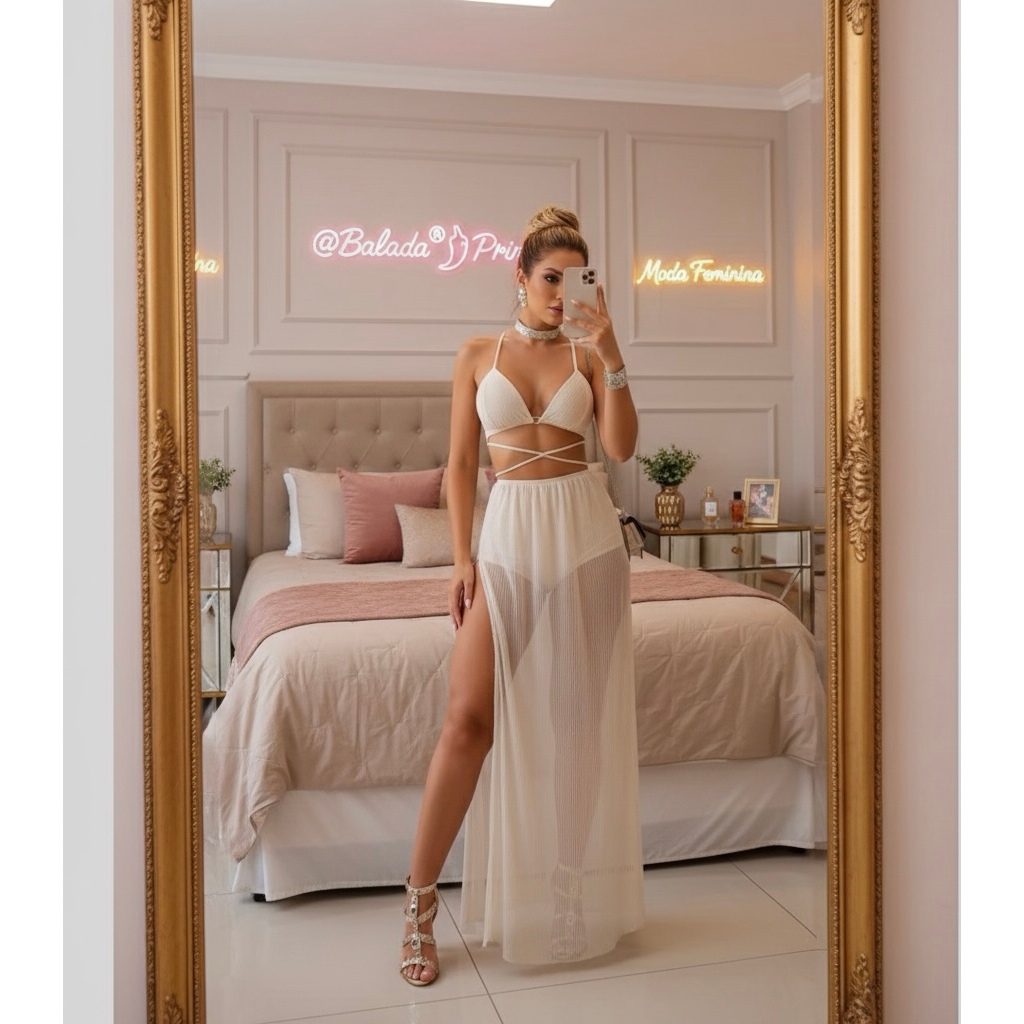 Conjunto Feminino Saia Longa Transparente com HotPants e Top Conjuntos Top e Saia Saida de Praia Liquidação