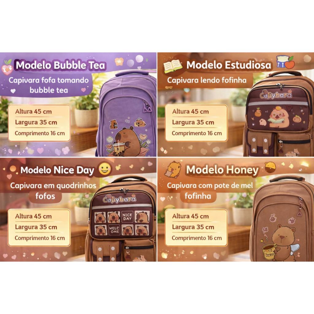 🐹🎒 Mochila Capivara Infantil Escolar 4 Modelos Fofos Alta Qualidade em Oferta na Shopee